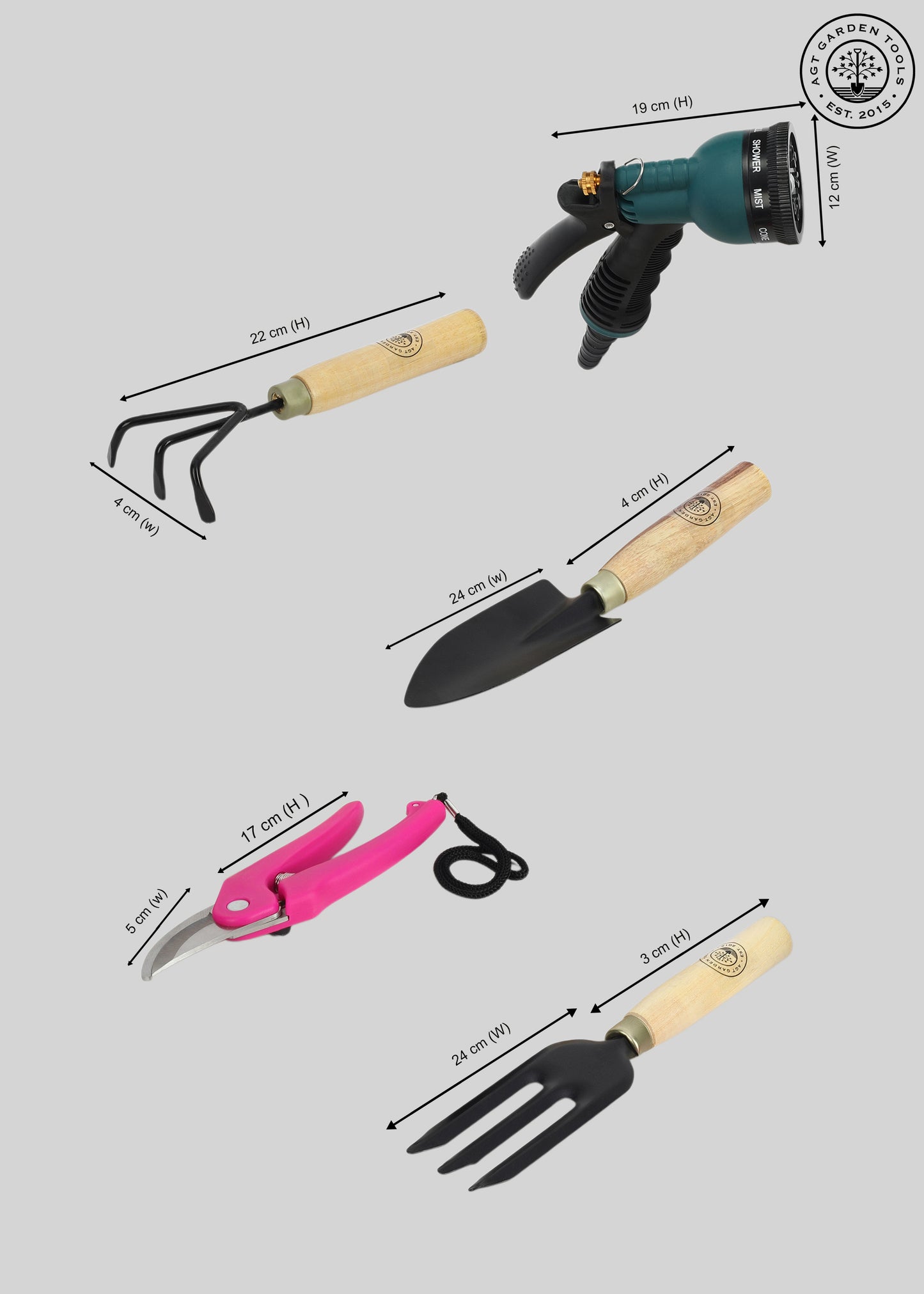 AGT® Garden Tool Set Water Spray Trigger, Small Trowel, Hand Rake, Fork & Pruner/Cutter… – Durable, Rust-Resistant Tools for Home Gardening in India