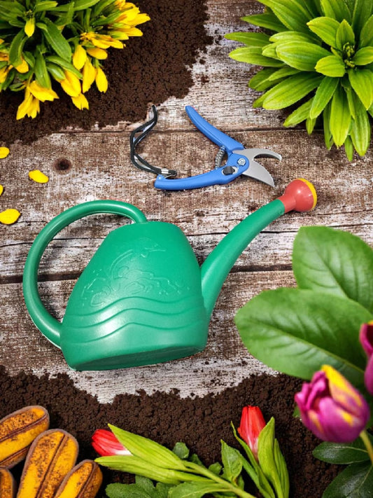 AGT® Premium Gardening Combo – Green Plastic Watering Can (5L) & Blue Pruning Shear Cutter for Home Garden Plants