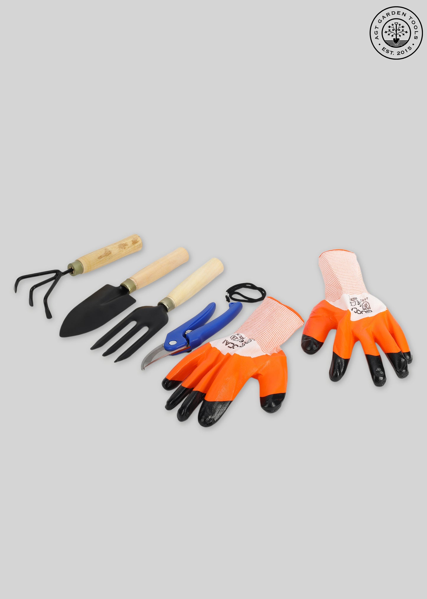 AGT® 3PCS Wooden Handle Cultivator Free Rubber Hand Gloves Garden Tool Kit – Durable, Rust-Resistant Tools for Home Gardening in India